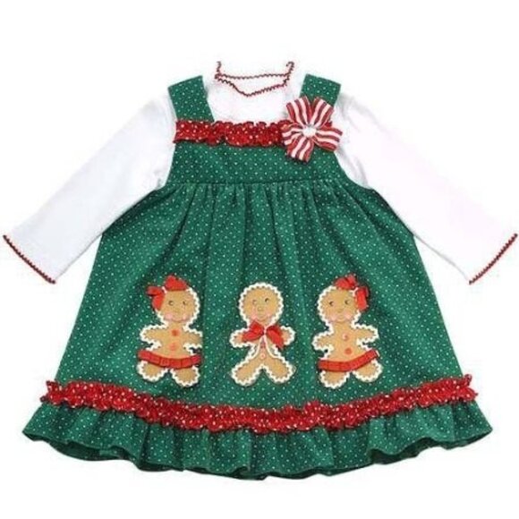 Rare Editions | Green Red Holiday Christmas Gingerbread Dress | Size 18 Months - Picture 1 of 11